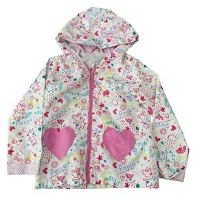Peppa Pig Windbreaker Jacket White Heart Print Hooded Rain Coat Girls Size 5/6